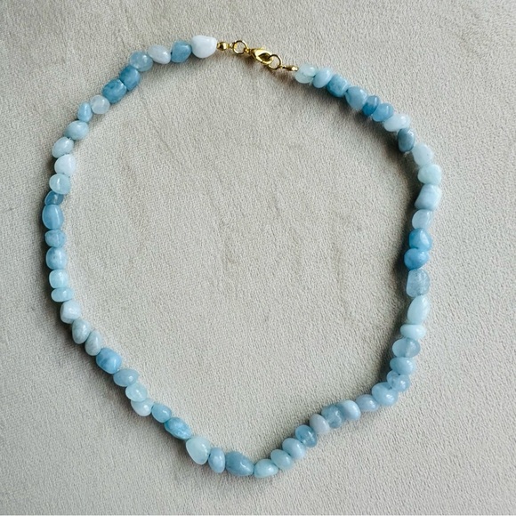 Aquamarine Beaded Necklace 14k Gold Plated Chain 18 Inch - Picture 4 of 17
